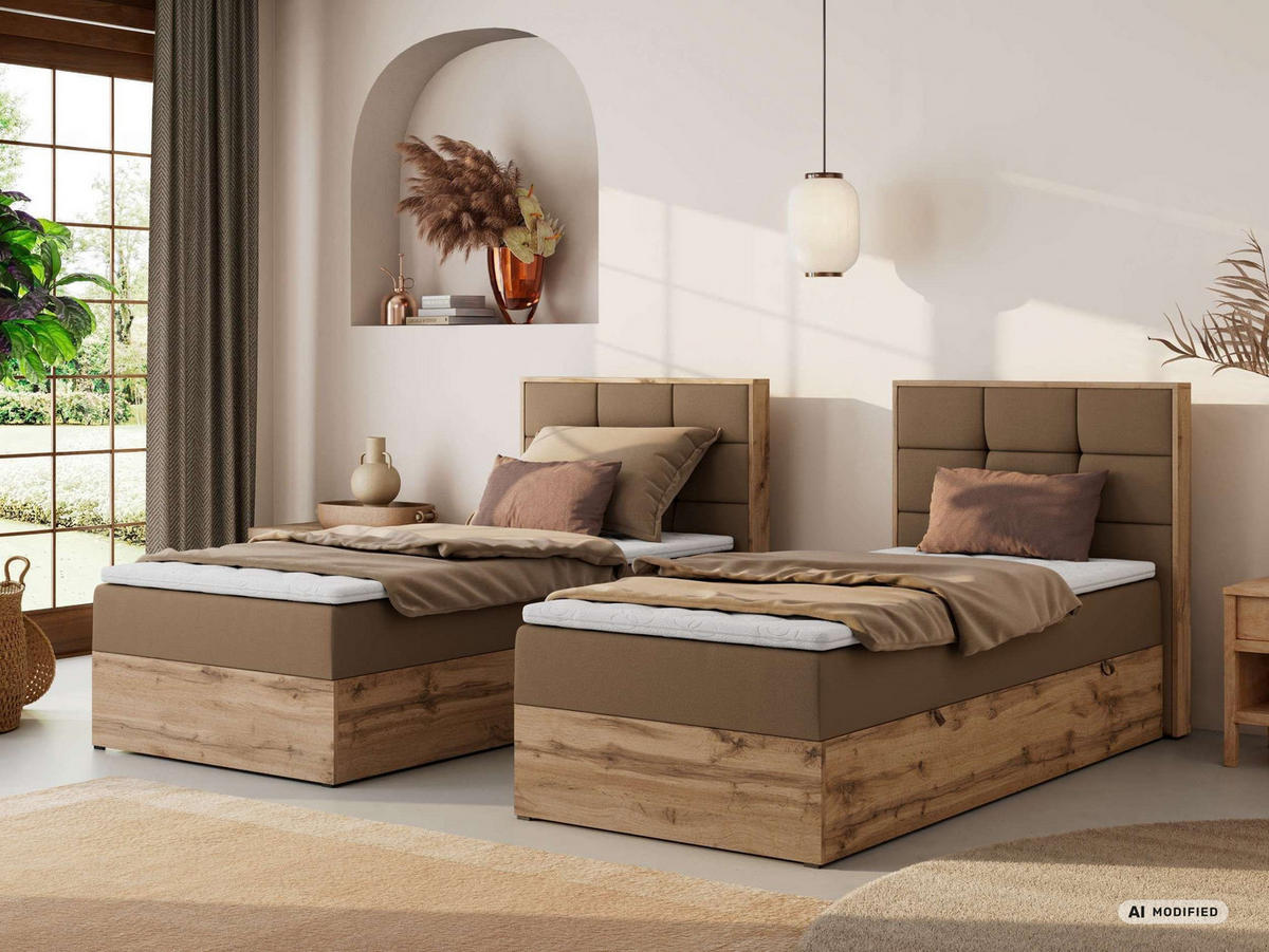 BOXBETT ALBERO 1 90/200 - Braun Kunstleder - Topper T25 - H4 - Rechts - Schwarz/Braun, Kunststoff/Textil (90/200cm) - MKS