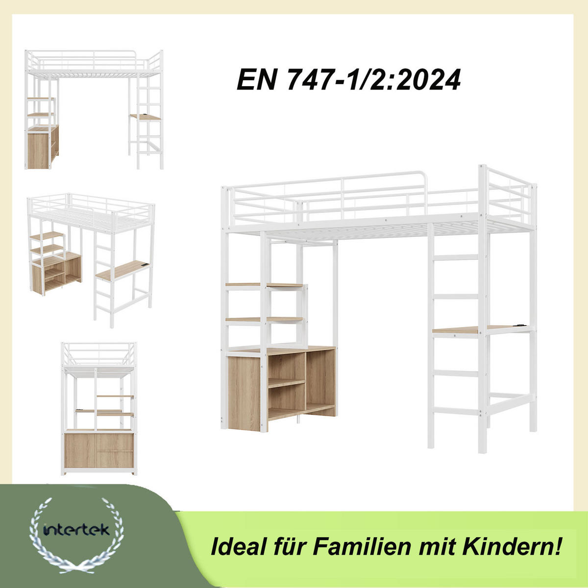 HOCHBETT 90/200 cm in Weiß mit Schreibtisch, Regalen und USB-Anschluss - Weiß, Metall (90/200cm) - Flora Grace