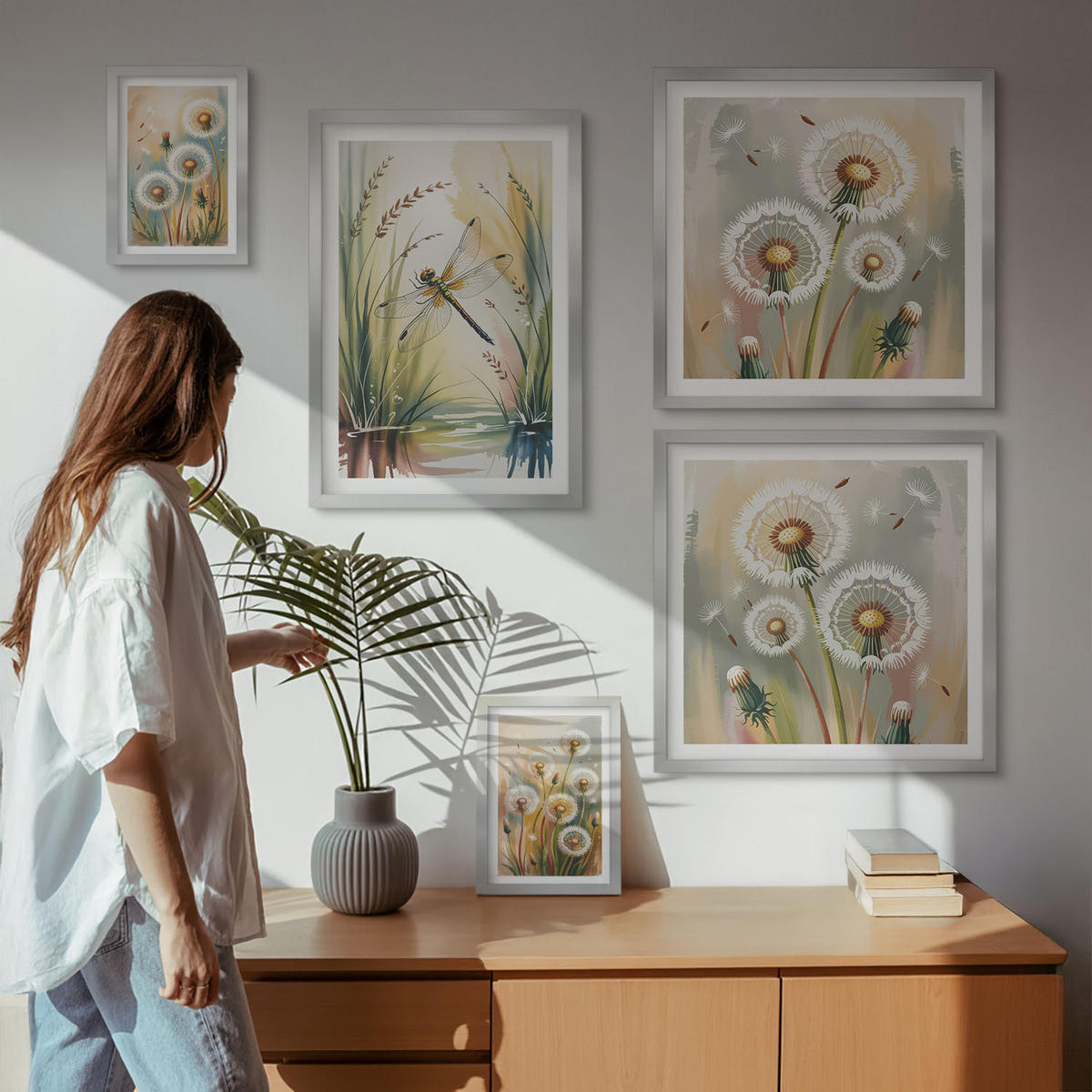WANDBILDER 5er Set - 50x50 cm & 20x30 cm & 40x60 cm Silberner Rahmen - Pastellfarbene Löwenzahnblüten - Silberfarben, Kunststoff (40/60cm) - ArtPrintCave