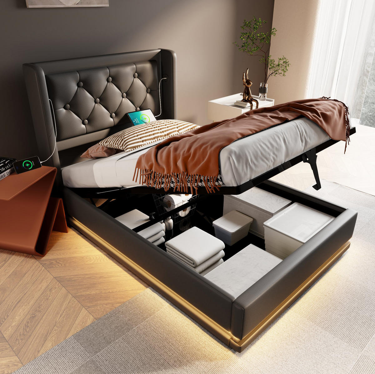 POLSTERBETT 90/200 cm Schwarz mit Bettkasten, LED-Beleuchtung und USB-/Type-C - Schwarz, Kunststoff (90/200cm) - Flora Grace