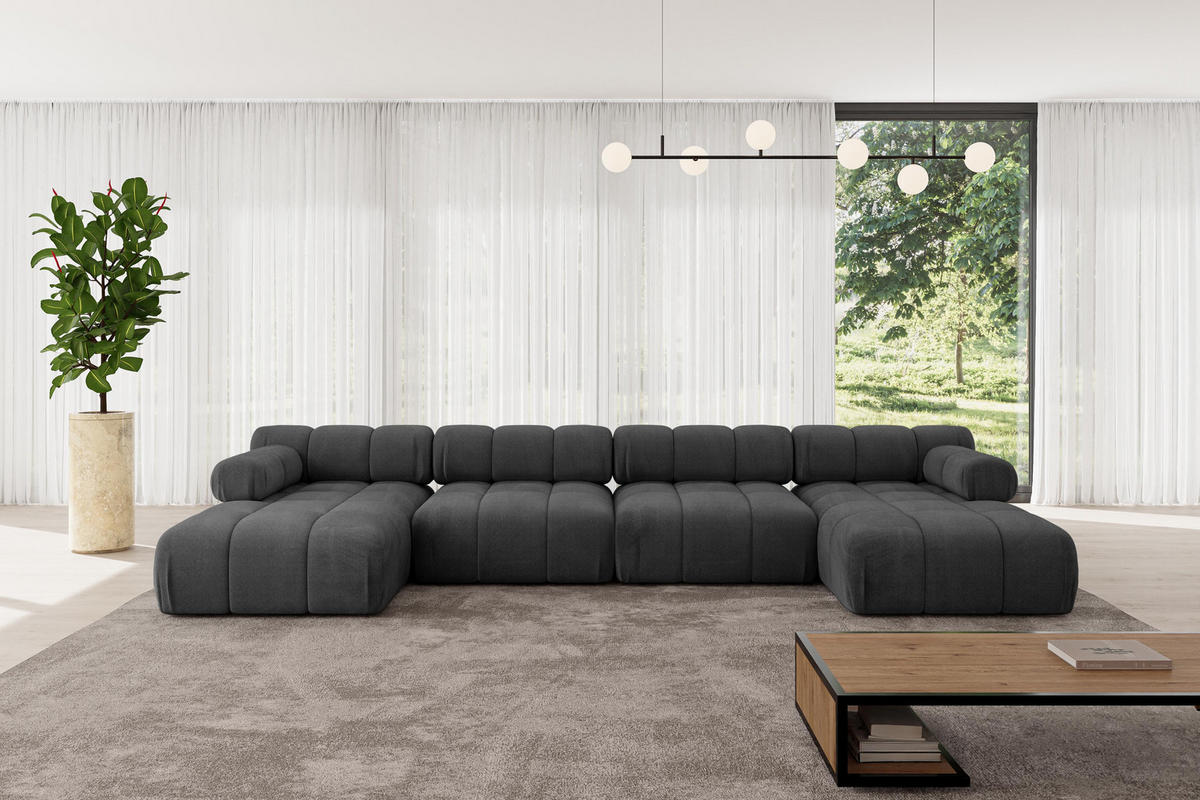 WOHNLANDSCHAFT modulares Sofa Tesso-U2 - 380x160x70 cm Schwarz Velours - Schwarz, Holzwerkstoff/Textil (380/70/160cm) - ALTDECOR