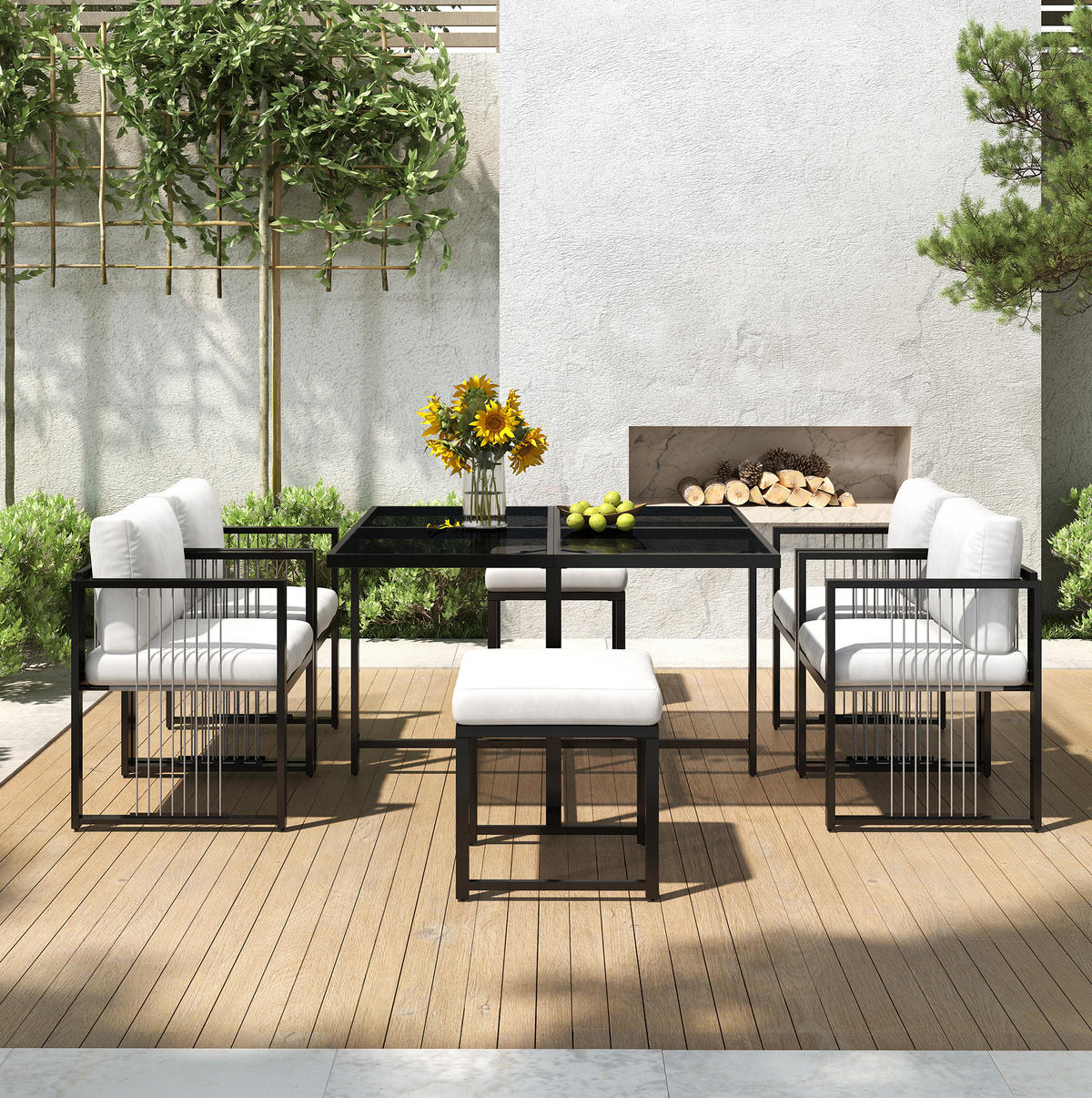 GARTENMÖBELSET 117/117 cm schwarz/weiß aus Metall und Glas mit Kissen - Schwarz, Metall - OKWISH