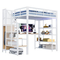 HOCHBETT 140/200 cm aus Metall und Holz mit Schreibtisch, LED und Treppe Weiß - Weiß, Metall (140/200cm) - OKMYHOME