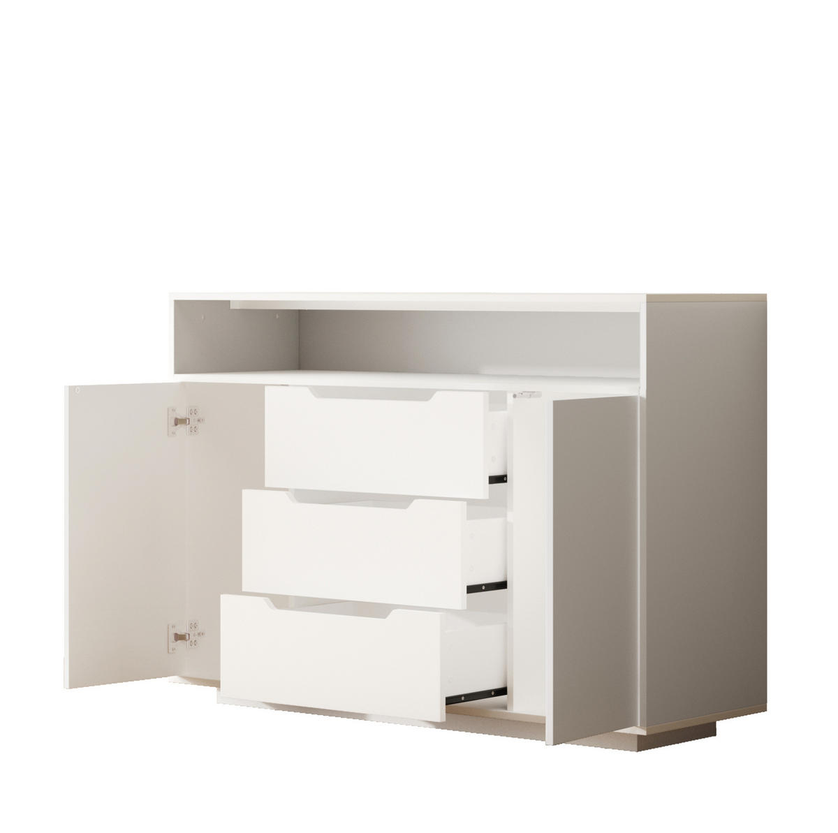SIDEBOARD 120/40/85 cm mit offenem Regal, 3 Schubladen, Türen und LED-Beleuchtung aus Holzwerkstoff, Weiß - Weiß, Holzwerkstoff (120/85/40cm) - Redom