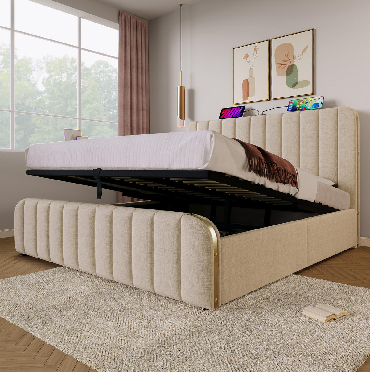 ČALOUNĚNÁ postel 180/200 cm béžová z lnu s USB-C nabíjením a úložným prostorem - béžová, textil (180/200cm) - OKWISH