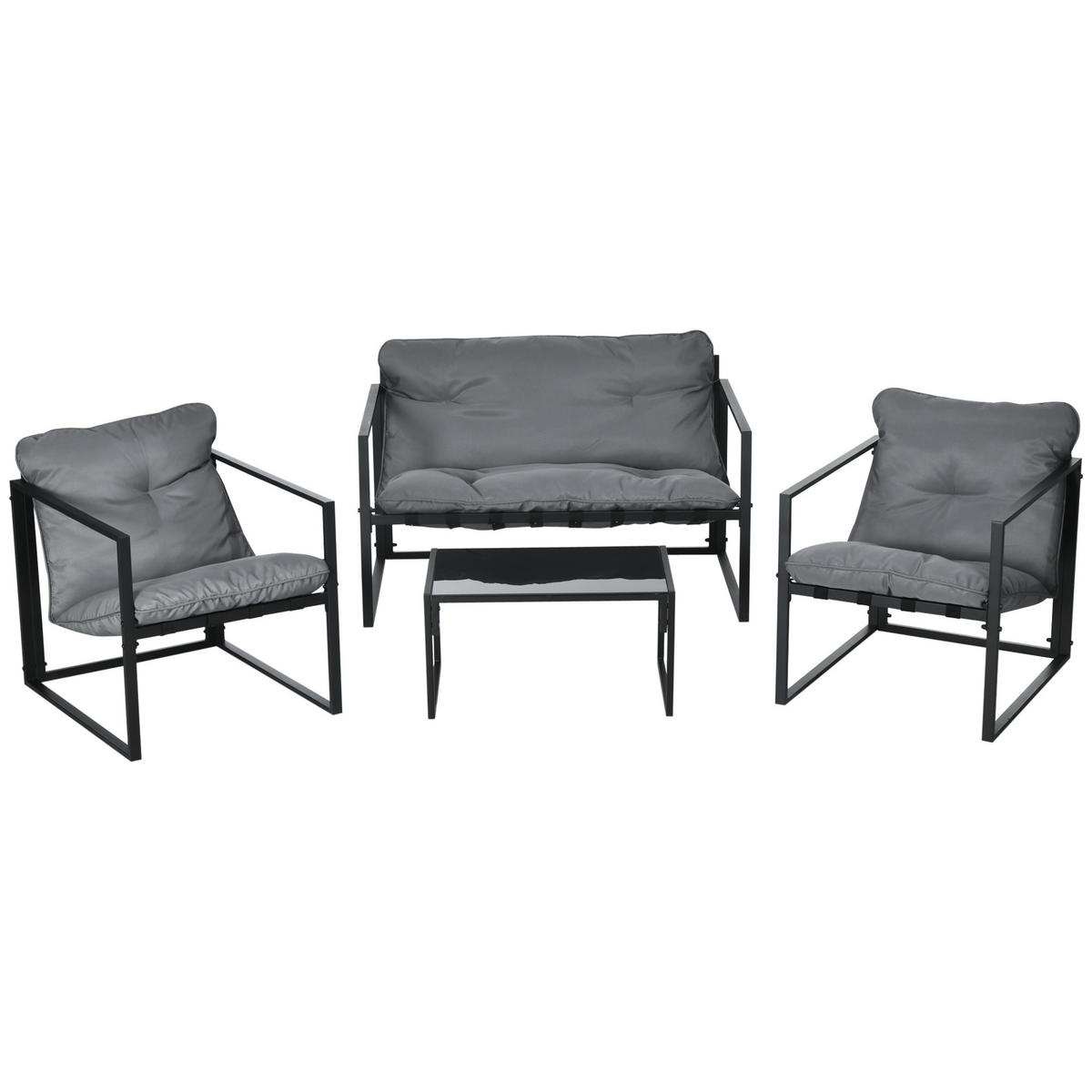 GARTENMÖBEL-SET DE-06529 1 Glastisch, 2 Sessel, 1 Sofa, wetterbeständig Grau+Schwarz - Schwarz/Grau, Textil/Metall - ComfortXL
