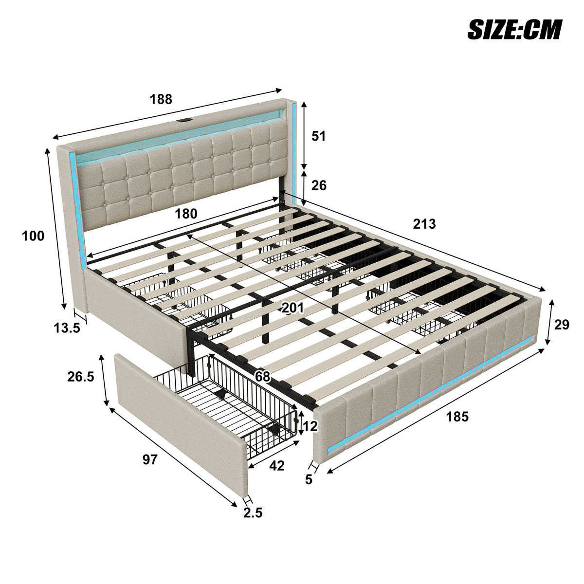 POLSTERBETT 180x200 cm LED 4 Schubladen USB Leinen grau - Beige, Holz (180/200cm) - LEBENLANG