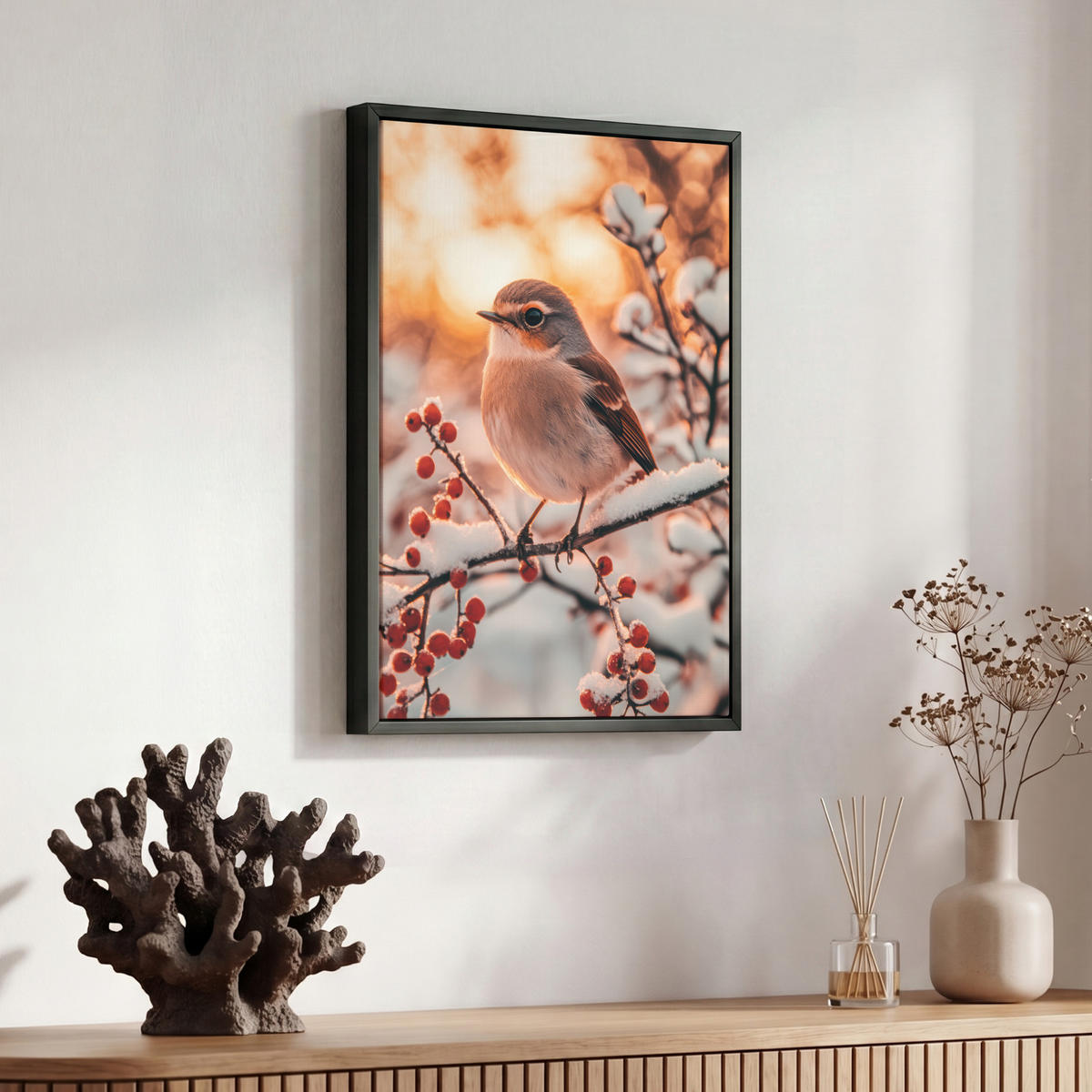 LEINWAND Bilder mit Rahmen - Vogel - Zweig - Winter - Tiere - Schnee - 30x40 - Bernsteinfarben, Textil (30/40cm) - MuchoWow