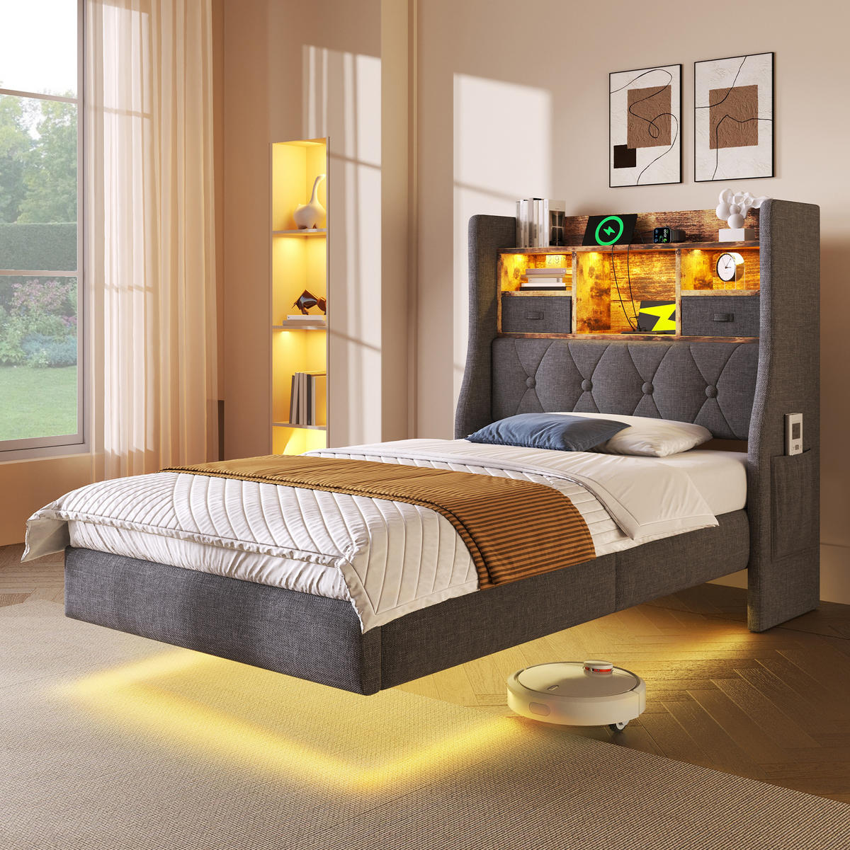 POLSTERBETT 90/200 cm Grau mit LED-Beleuchtung und USB- und Type-C-Anschlüssen - Grau, Textil (90/200cm) - Flora Grace
