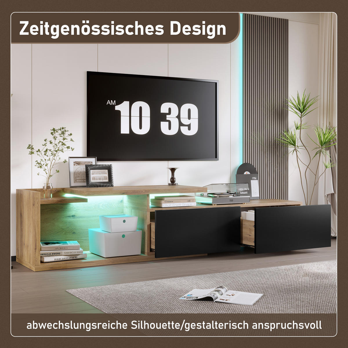 TV-SCHRANK modular mit LED, beweglichem Modul und 2-in-1 Design - Naturfarben, Holzwerkstoff (133.5/45/40cm)