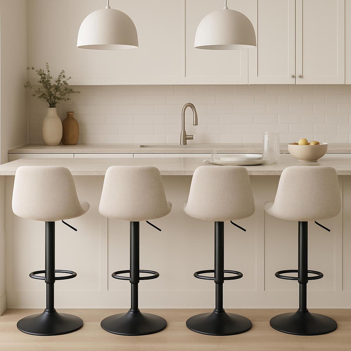 BARHOCKER 2er Set Lotus Stoff creme - Schwarz/Naturfarben, Textil/Metall (43/103/49cm) - TPFLiving