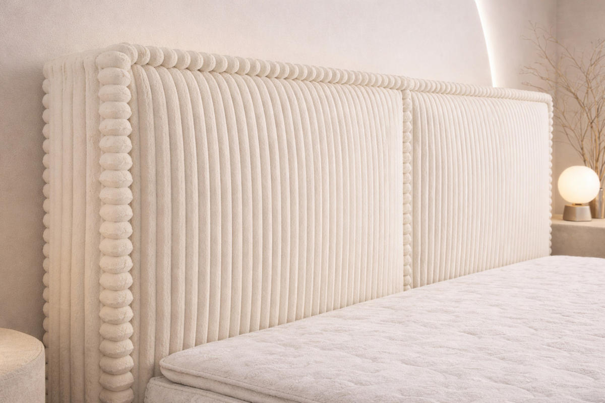 BOXBETT 04 180 x 200 cm - Ambience – Modernes Polsterbett mit Bettkasten, Topper und gepolstertem Kopfteil, Stoffbezug, Stauraumbett - Creme, Holz (180/200cm) - ROYAL24_MARKT