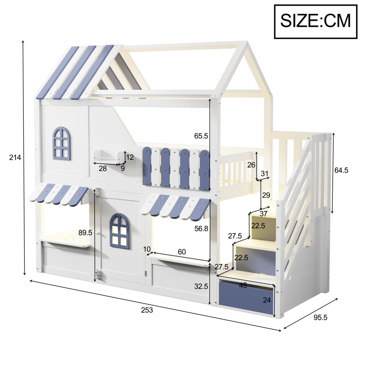 ETAGENBETT 90/200 cm mit LED, Stauraumleiter und Regalen im Hausdesign, Weiß/Blau - Weiß, Holzwerkstoff (90/200cm) - Redom