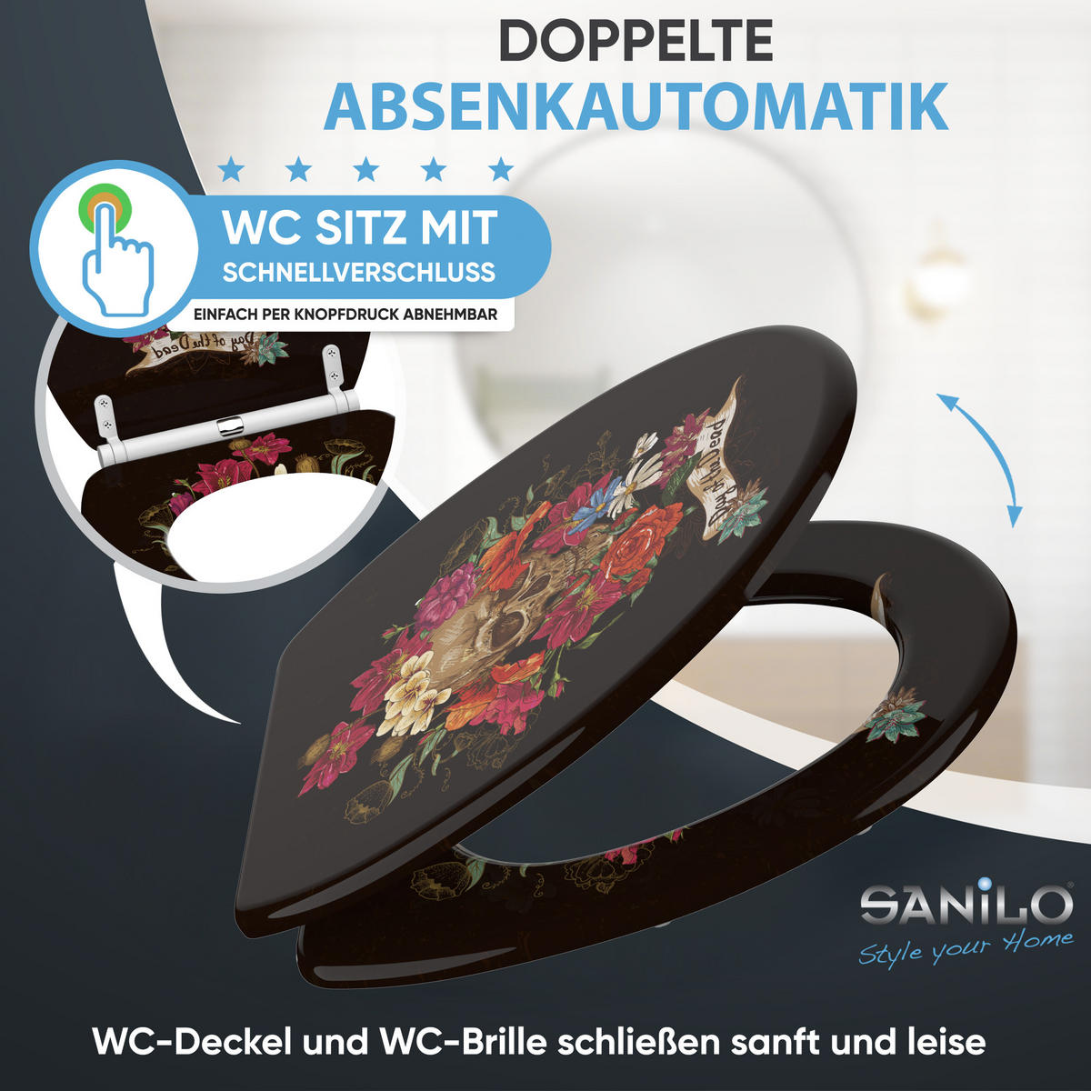 WC-SITZ mit Absenkautomatik & Top Fix Day of the Dead - Schwarz, Holzwerkstoff (37.7/5.5/48cm) - Sanilo