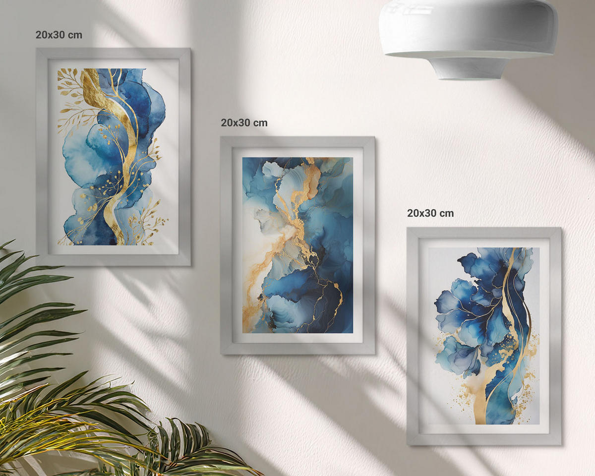 BILDER SET 3er Set - 20x30 cm Silberner Rahmen - Blaue abstrakte Muster - Silberfarben, Kunststoff (20/30cm) - TULUP