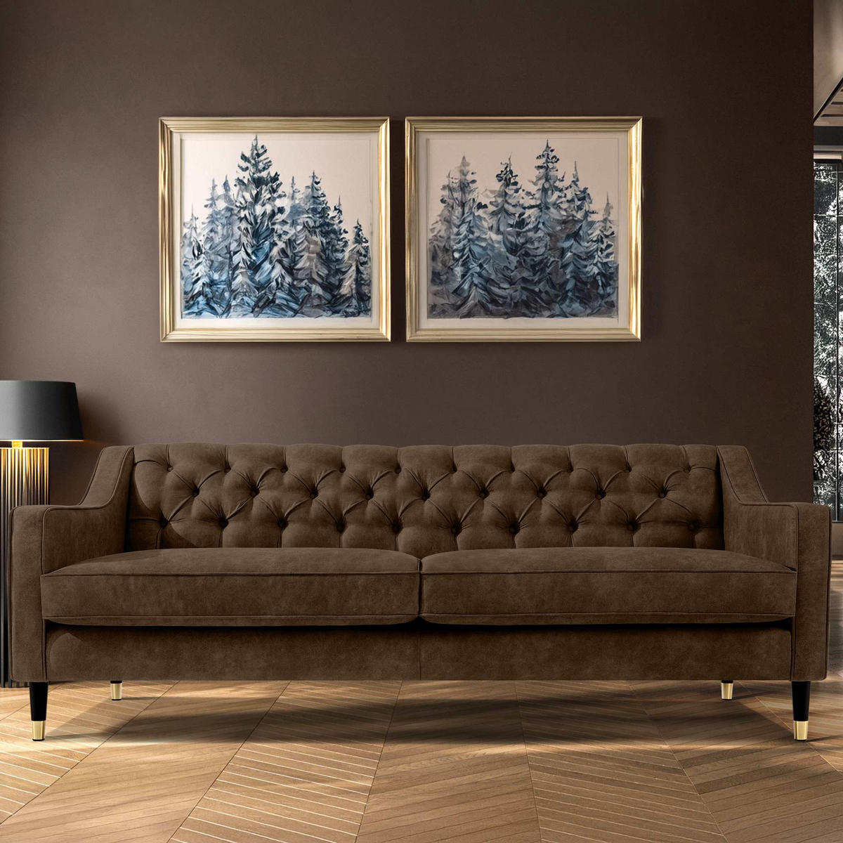 3-SITZER-SOFA NOMUS Velours, gesteppt, Dunkelbraun - Wengefarben/Dunkelbraun, Holz/Holzwerkstoff (192/78/80cm) - KONSIMO®