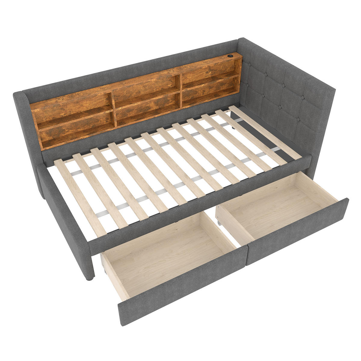 TAGEBETT 90x200cm Grau Leinen 2 Schubladen USB-C Ablagefächer - Grau, Holz (90/200cm) - FLIEKS