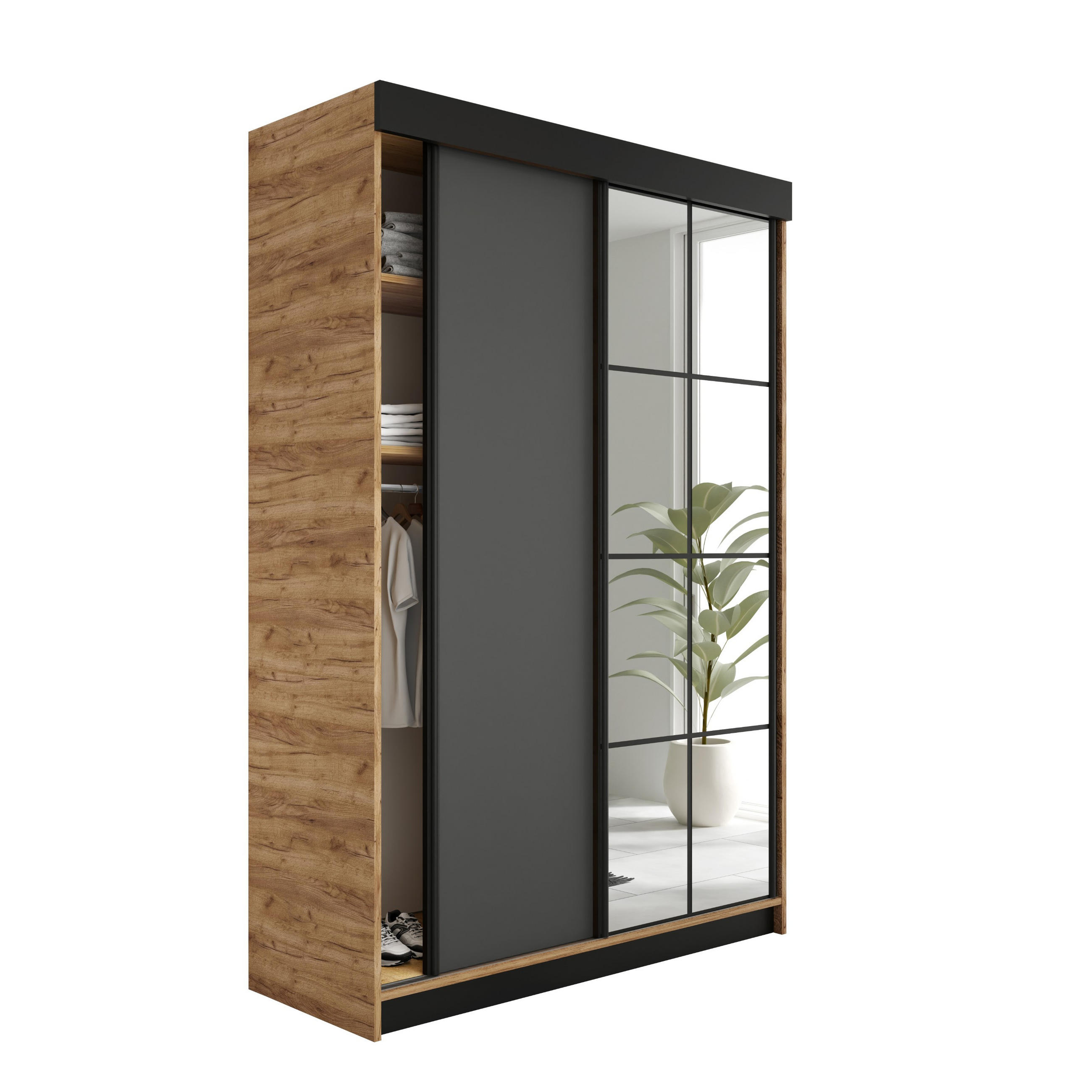 Kier Furniture POSUVNÁ ŠATNÍ SKŘÍŇ LAMARO - 138x205x59 - Dub Craft & Grafitová
