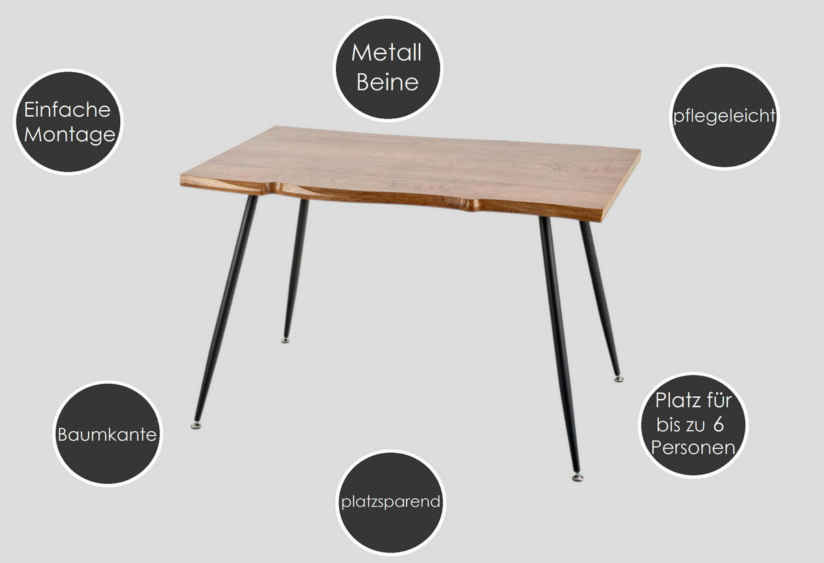 ESSTISCH rechteckig Eiche Natur Echtholz Baumkante - Eichefarben, Holz (80/120/77cm) - designimpex