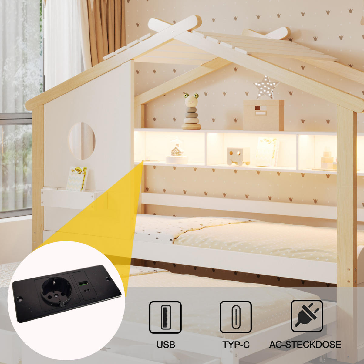KINDERBETT 90x200 cm Rollbett LED weiß - Weiß, Holz (90/200cm) - LEBENLANG