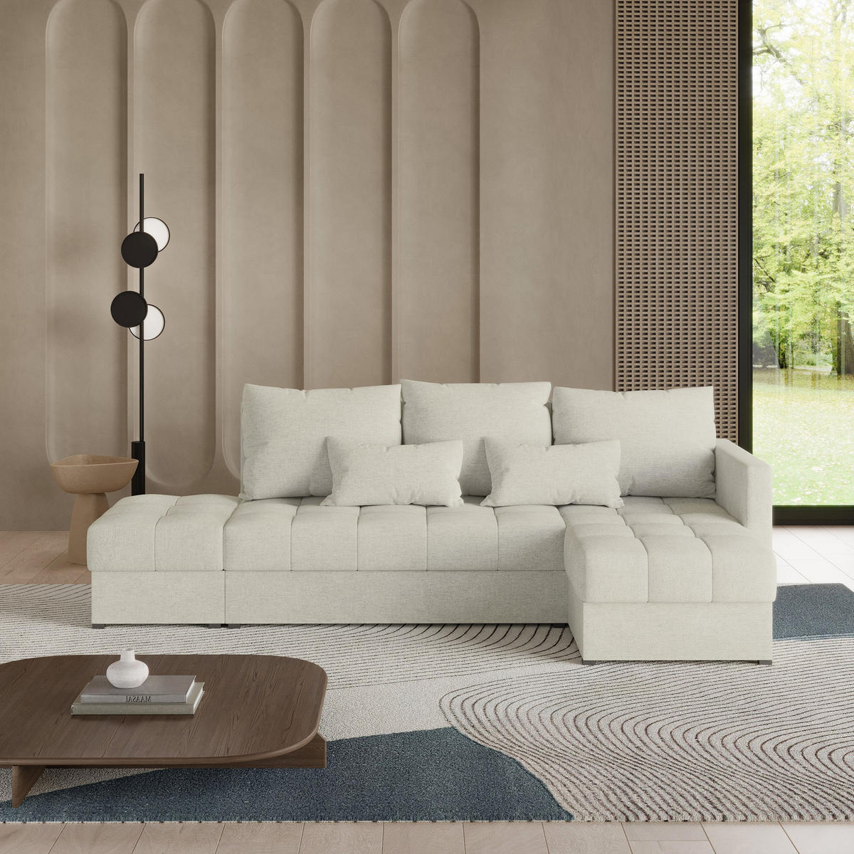 ECKSOFA LUMARI R-S Creme Plüsch-Stoff mit Schlaffunktion - Creme, Holz (262/143cm) - MASSENO