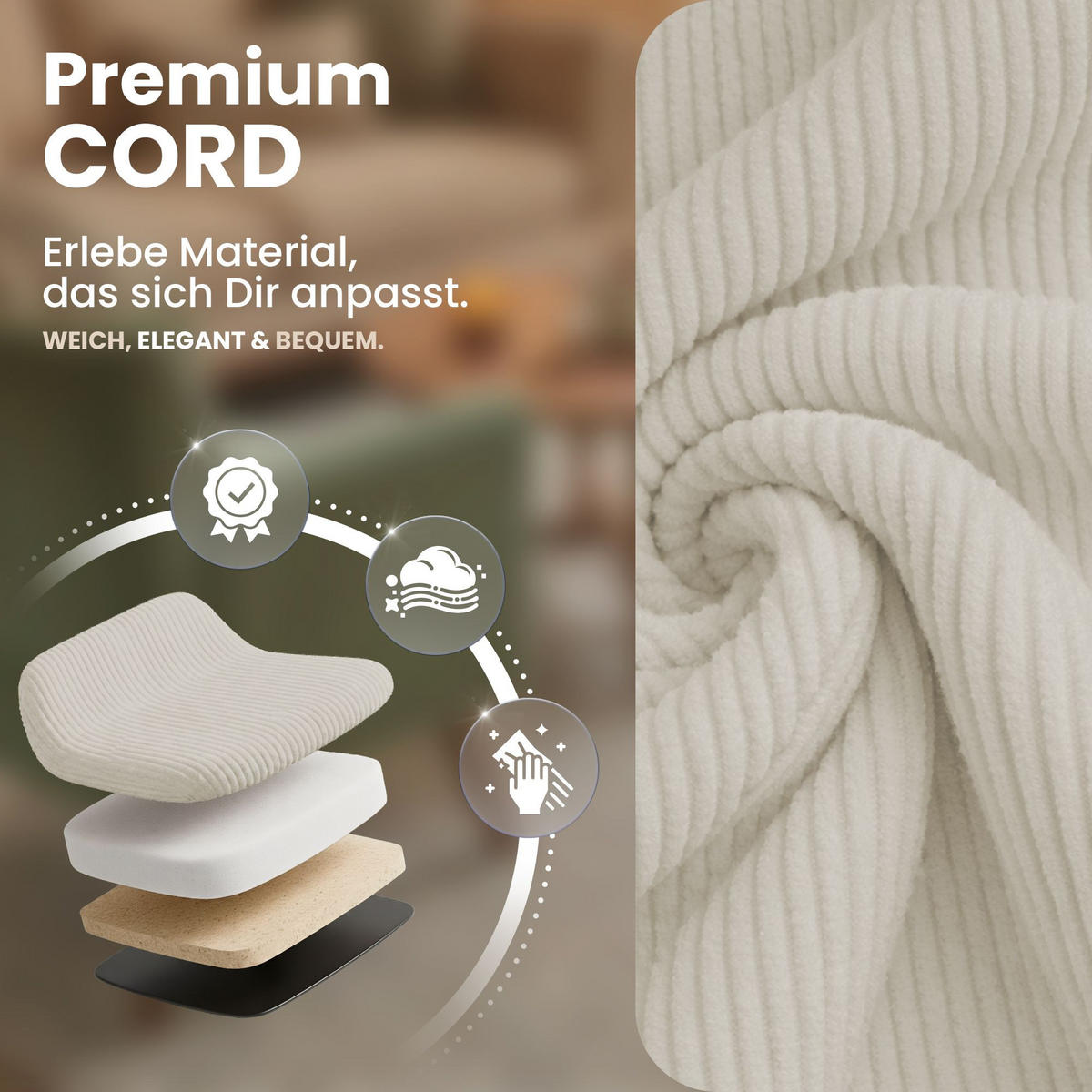 STUHL Cord Beige - Eukalyptusholzfarben/Beige, Holz/Textil (53/84/63cm) - CLP