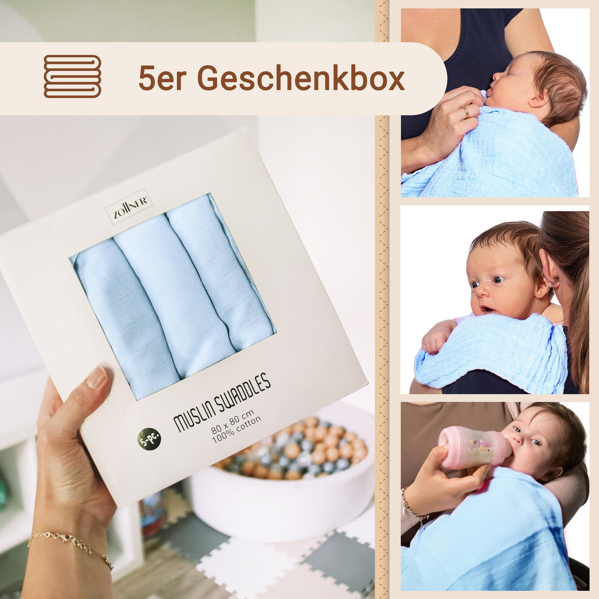 SPUCKTÜCHER, 5er-Set, 80x80 cm, 100% Baumwolle, Blau - Hellblau, Textil (80/80cm) - Zollner