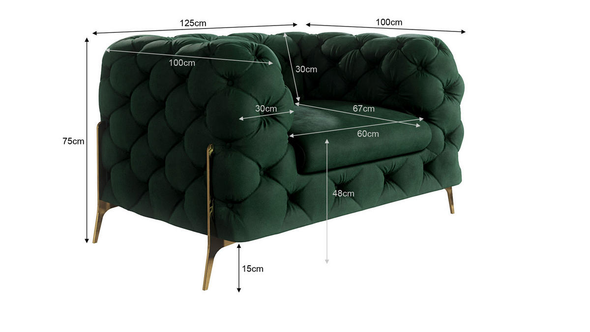 CHESTERFIELD-SESSEL Lexi Flasche Grün Samt - Smaragdgrün/Goldfarben, Holz/Textil (125/75/100cm) - S-Style Möbel