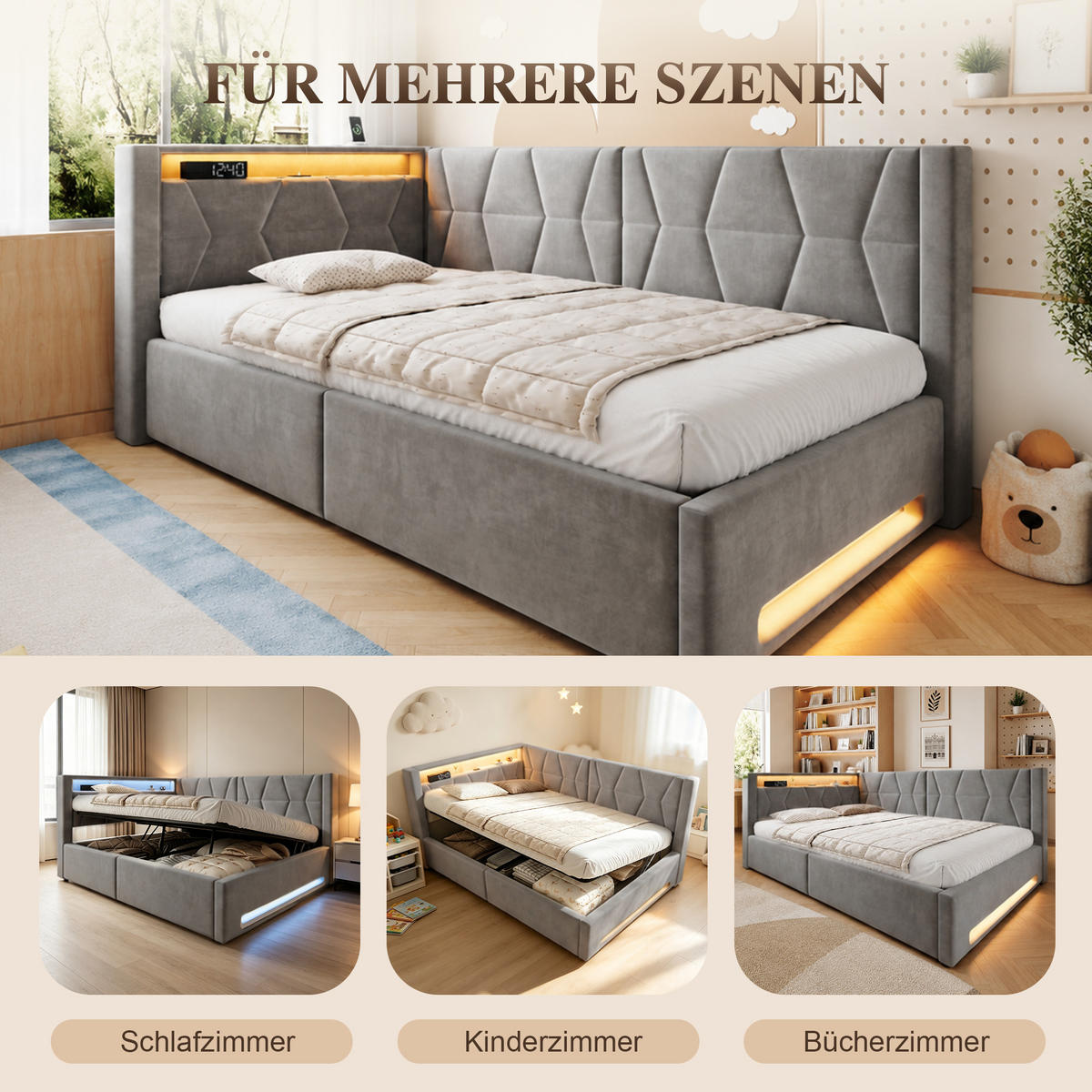 BOXBETT 90/200cm, LED/USB-C, Bettkasten, Lattenrost, Dunkelgrau - Dunkelgrau, Holz/Metall (90/200cm) - LVHOM