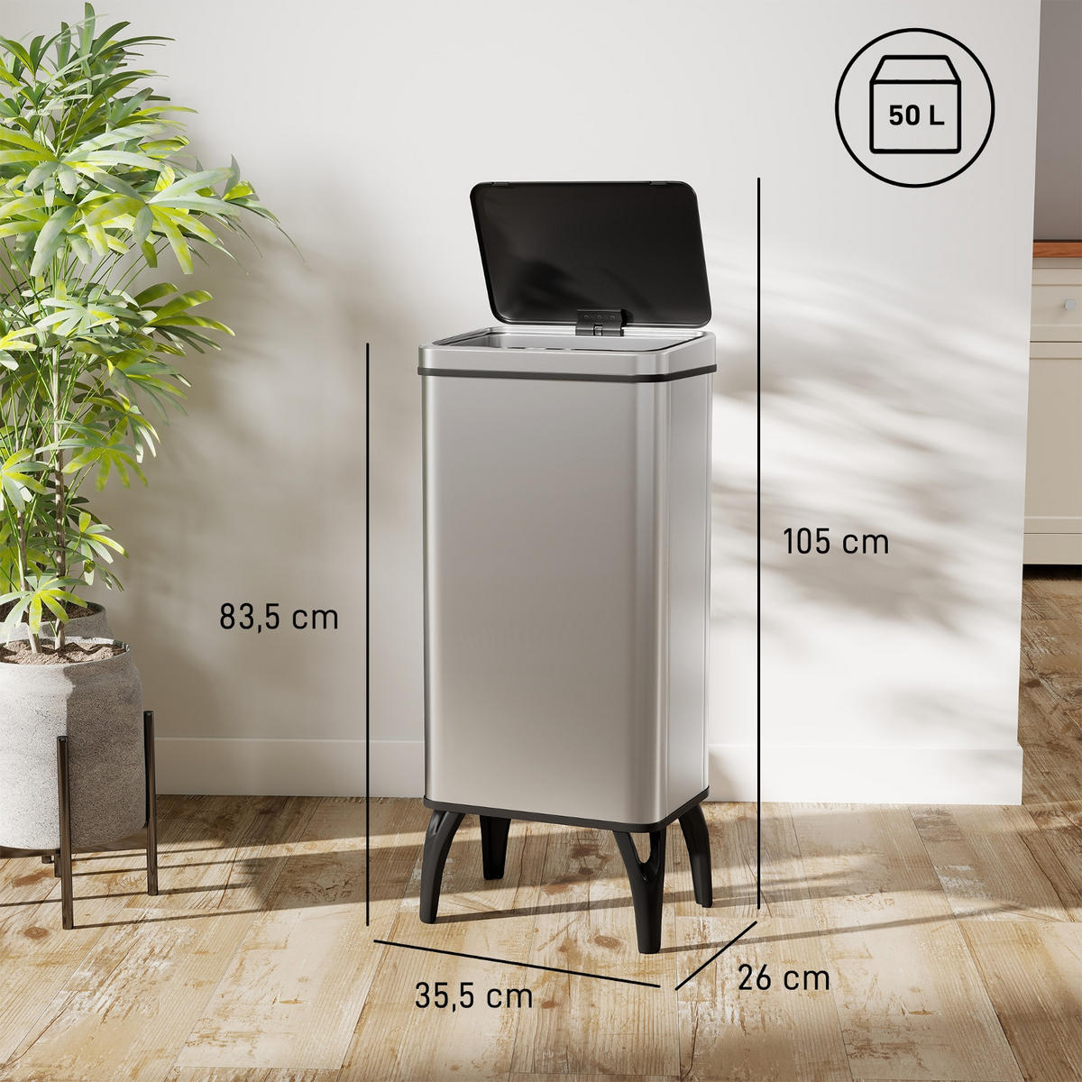 MÜLLEIMER AUTOMATISCHER ABFALLEIMER EDELSTAHL Sensor 50L Silber 35,5/26/83,5 cm - Silberfarben, Metall (26/83.5/35.5cm) - Rolipo