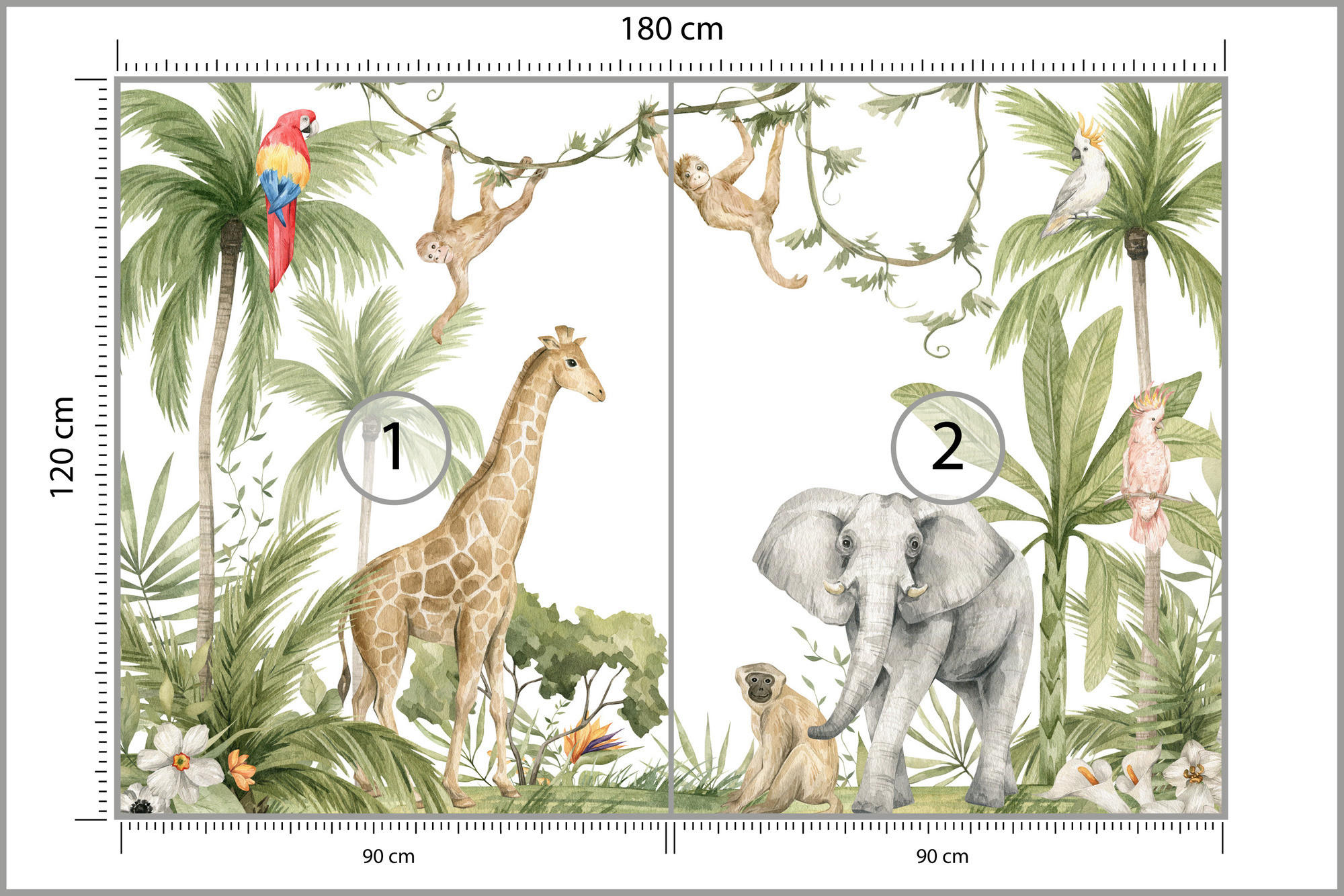 FOTOTAPETE für Kinderzimmer TIERE tropische Pflanzen Natur 180x120cm - Rot/Weiß, Papier (180/120cm) - Muralo