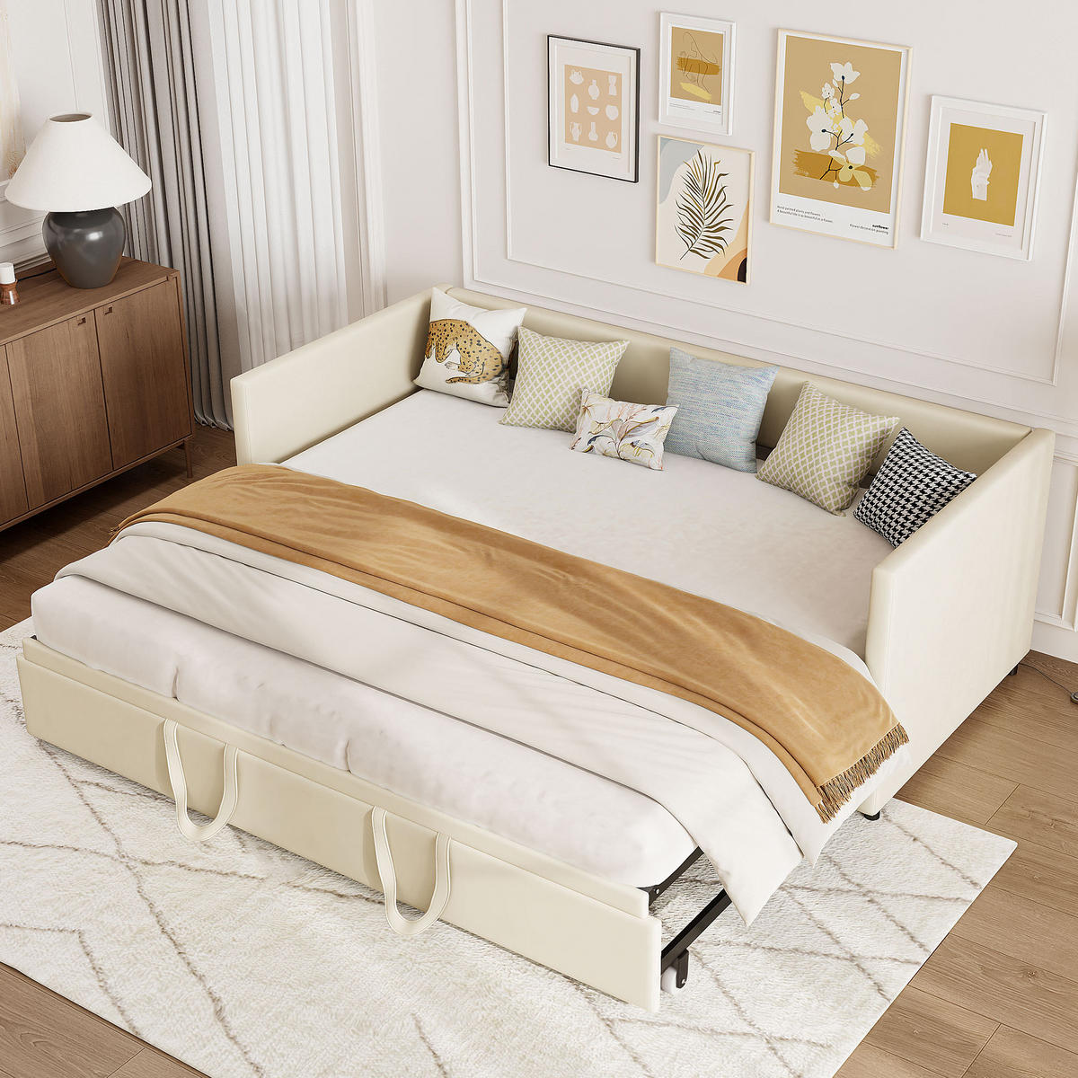 POLSTERBETT 90/180x200 cm, Ausziehbares Bett, mit 2 Armlehnen und Lattenrost, Samtstoff, Beige - Beige, Holz (180/200cm) - BRILVERDE
