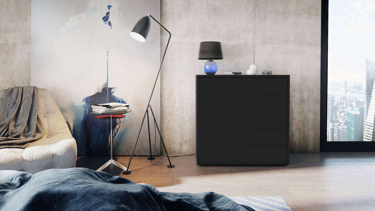 KOMMODE Ben Front in Schwarz matt - Schwarz, Holzwerkstoff (79/74/36cm) - Vladon