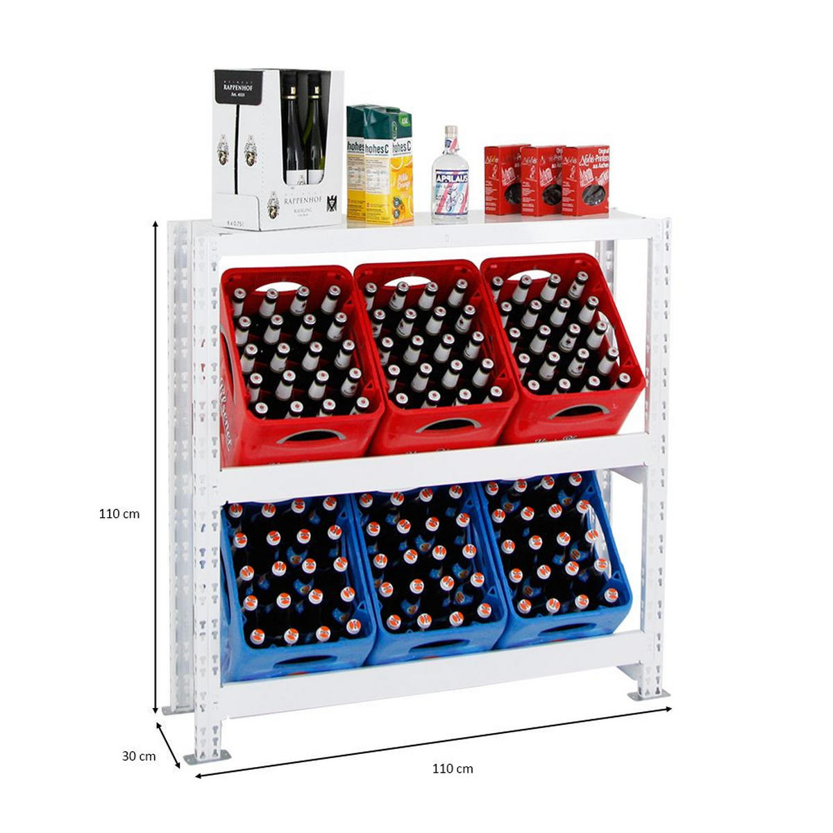 GETRÄNKEKISTENREGAL Tegernsee XL 110x110x30 cm für 6 Kästen + Board Weiß - Weiß, Metall (110/110/30cm) - PROREGAL