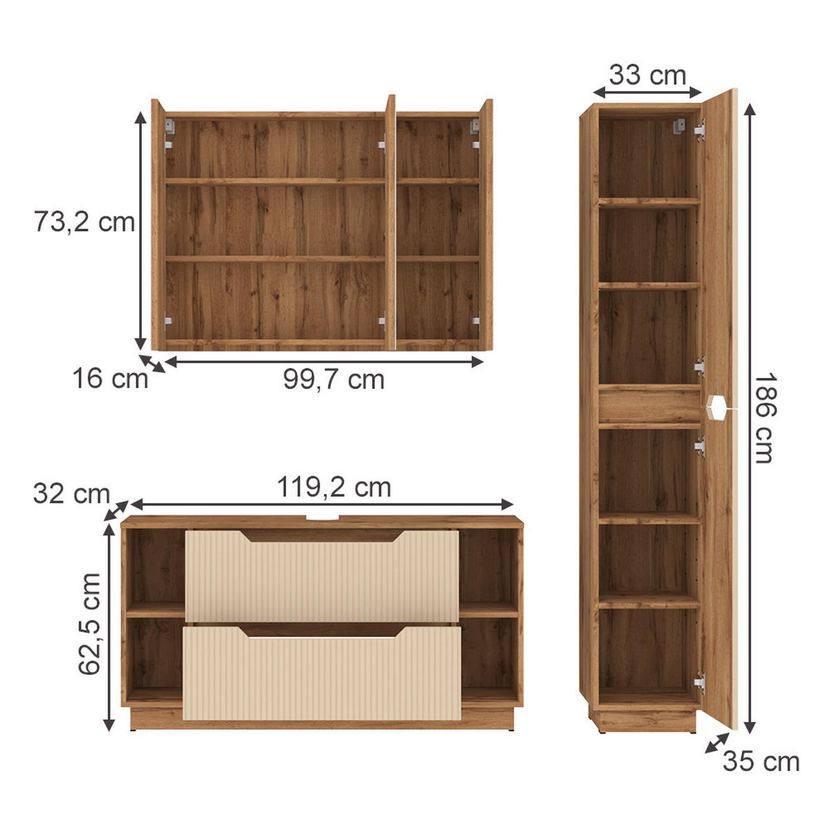 BADMÖBEL-SET Lotta Eiche/Kaschmir gestreift 3 Teile - Kaschmir/Eichefarben, Holzwerkstoff (119.2/62.5/35cm) - Vicco