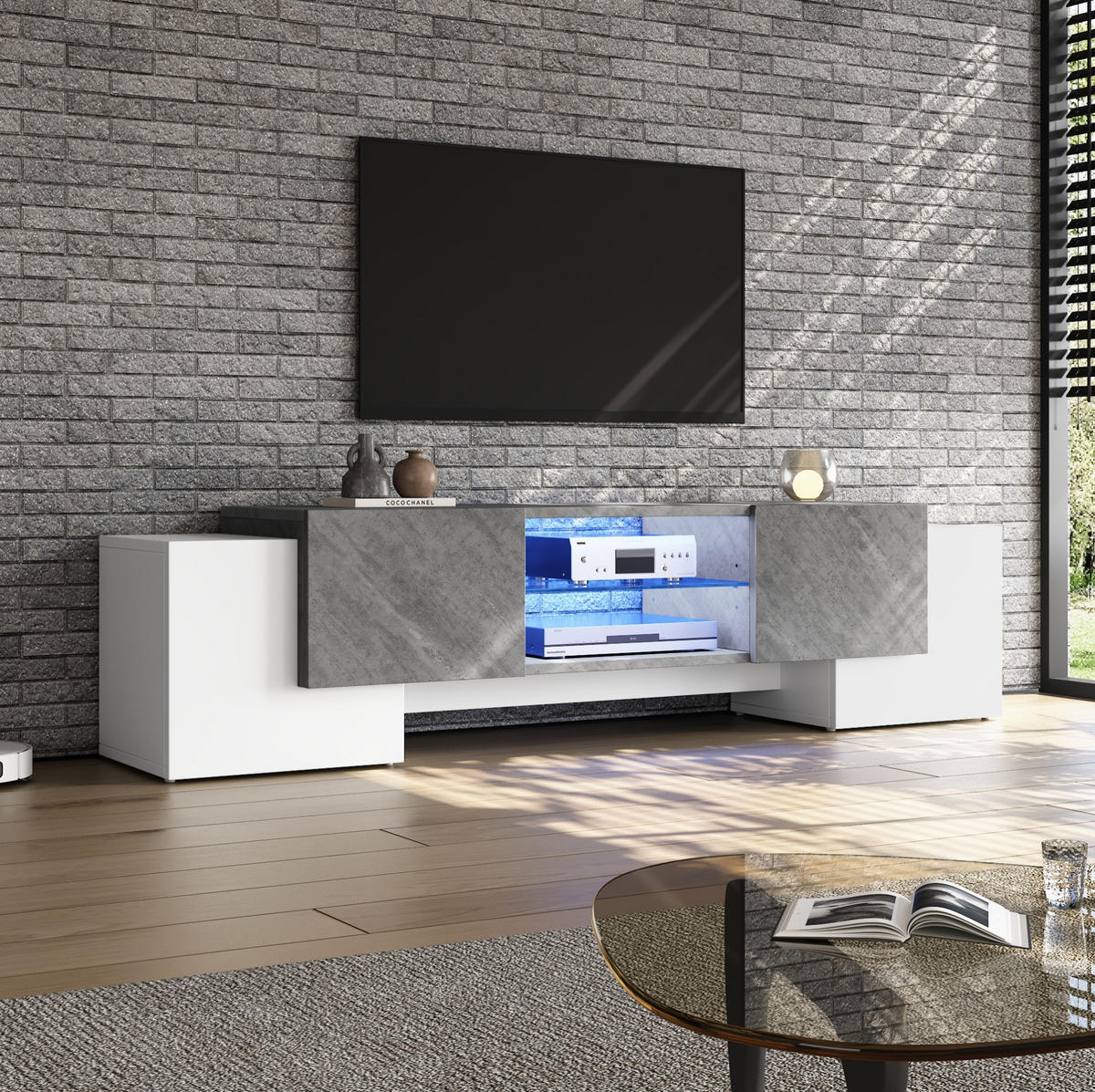 TV-LOWBOARD 180/40/46,5 cm weiß-grau aus MDF mit LED-Beleuchtung - Weiß, Holzwerkstoff (180/46.5/40cm) - OKWISH