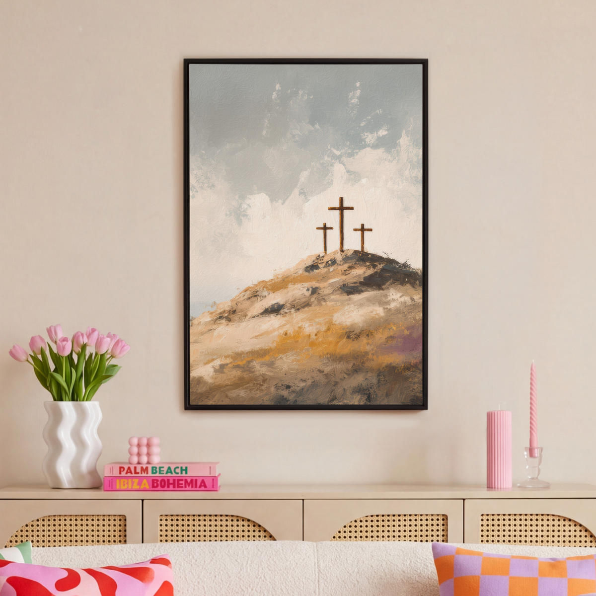 LEINWAND Bilder mit Rahmen - Hügel - Abstrakt - Christentum - Kreuz - 60x90 - Hellgrau, Textil (60/90cm) - MuchoWow