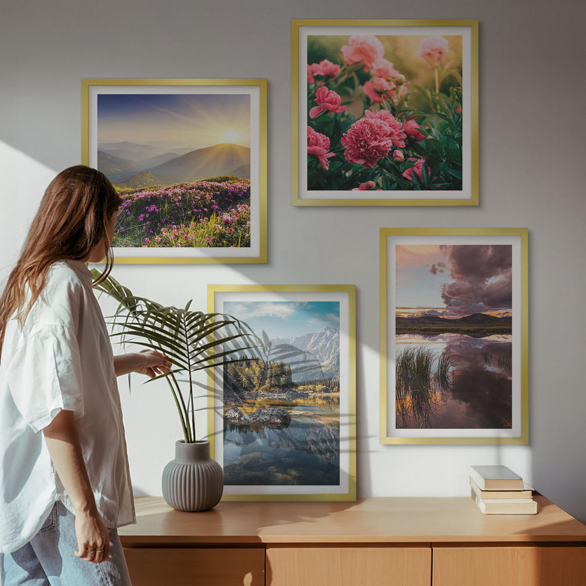 BILDER SET 4er Set - 50x50 cm & 40x60 cm Goldrahmen - Blumengarten, Bergwiese, Wasser - Goldfarben, Kunststoff (50/50cm) - TULUP