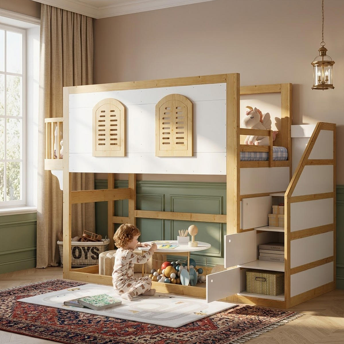 HOCHBETT 90/200 cm, Natur/Weiß mit Treppenschrank und Spielfläche - Weiß, Holz (90/200cm) - MIVRAY