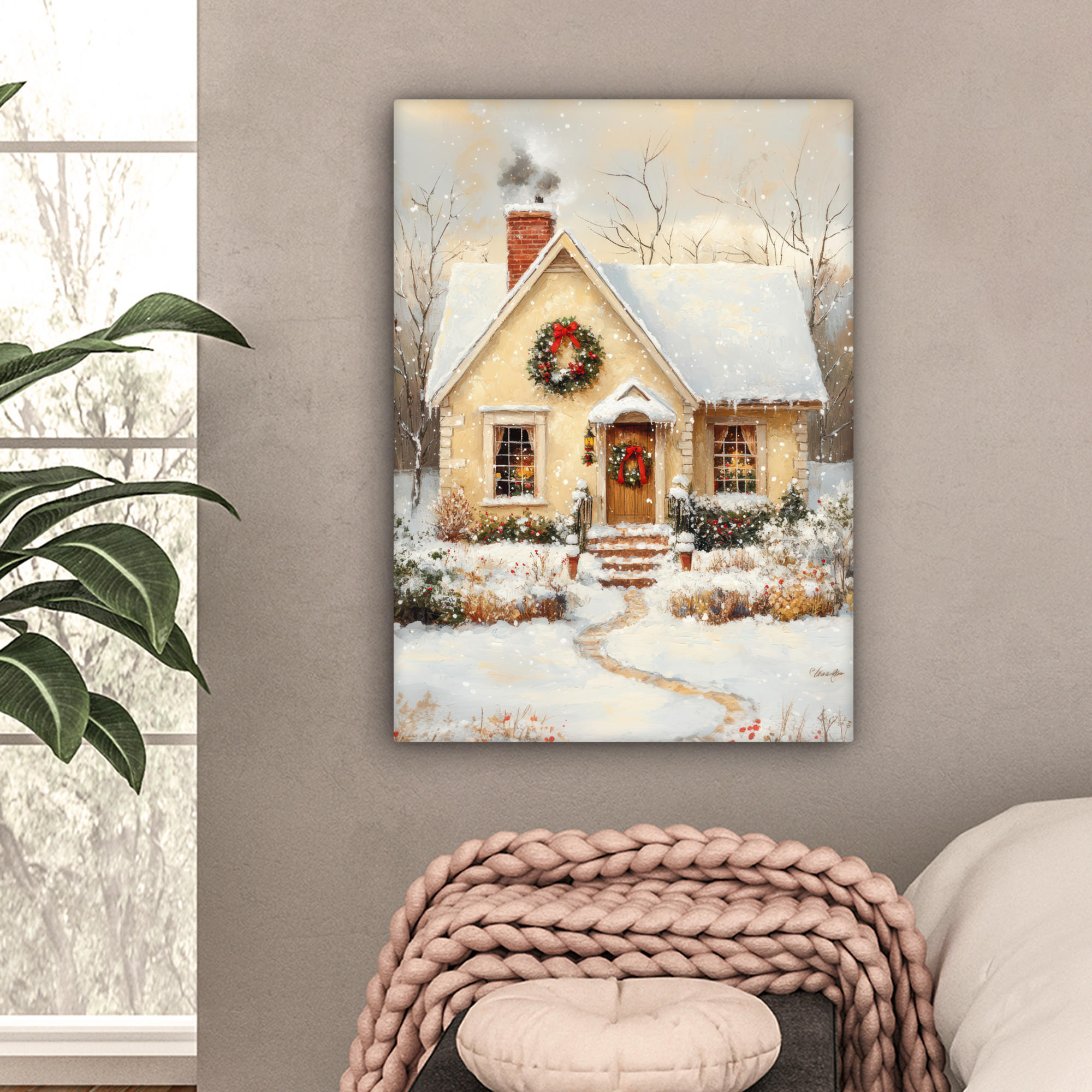 LEINWANDBILD Weihnachten - Zuhause - Winter - Schnee 60x80 cm - Creme, Textil (60/80cm) - MuchoWow