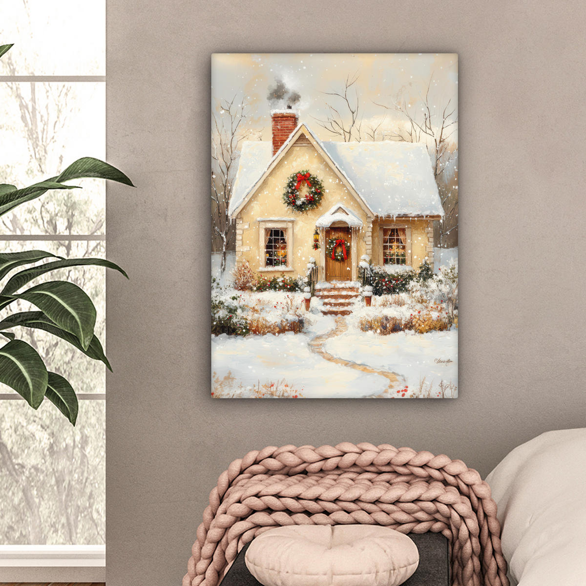 LEINWANDBILD Weihnachten - Zuhause - Winter - Schnee 60x80 cm - Creme, Textil (60/80cm) - MuchoWow