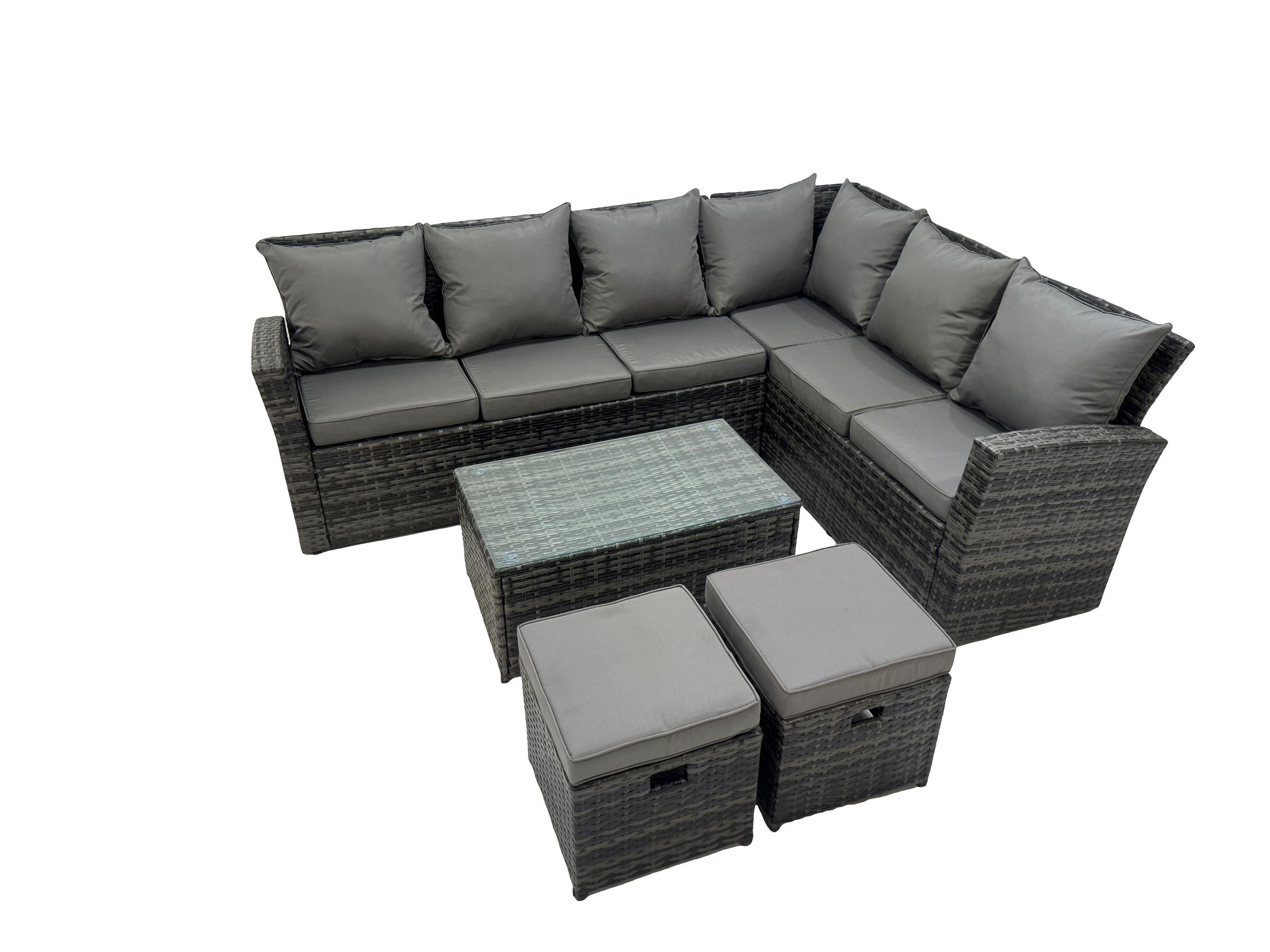 GARTENSOFA SET Hohe Rückenlehne Polyrattan Dunkelgrauer Mix 8-Sitzer - Dunkelgrau/Grau, Glas/Kunststoff - Fimous