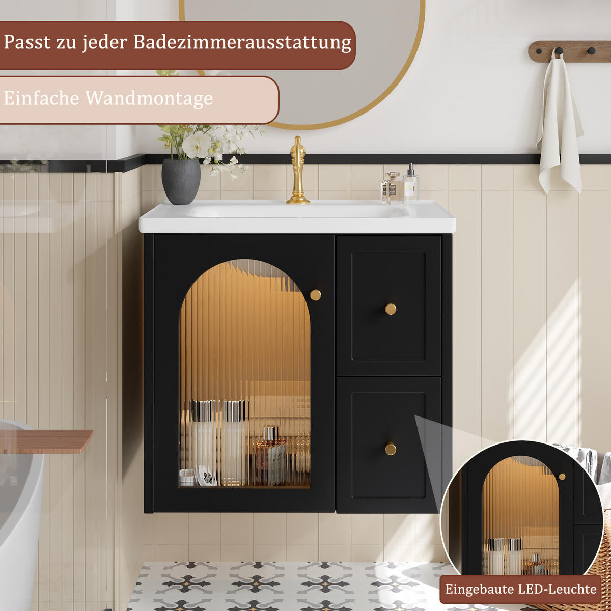 WASCHBECKENUNTERSCHRANK Keramik LED Glastür Soft-Close - Schwarz, Holzwerkstoff (60.5/57/47.5cm) - FLIEKS