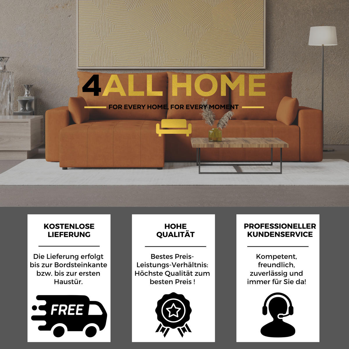 ECKSOFA Tico mit Bettkasten und Schlaffunktion, L-Form/XL-Form, Velourstoff, Universal - Rostfarben, Holzwerkstoff (276/145cm) - 4ALL HOME