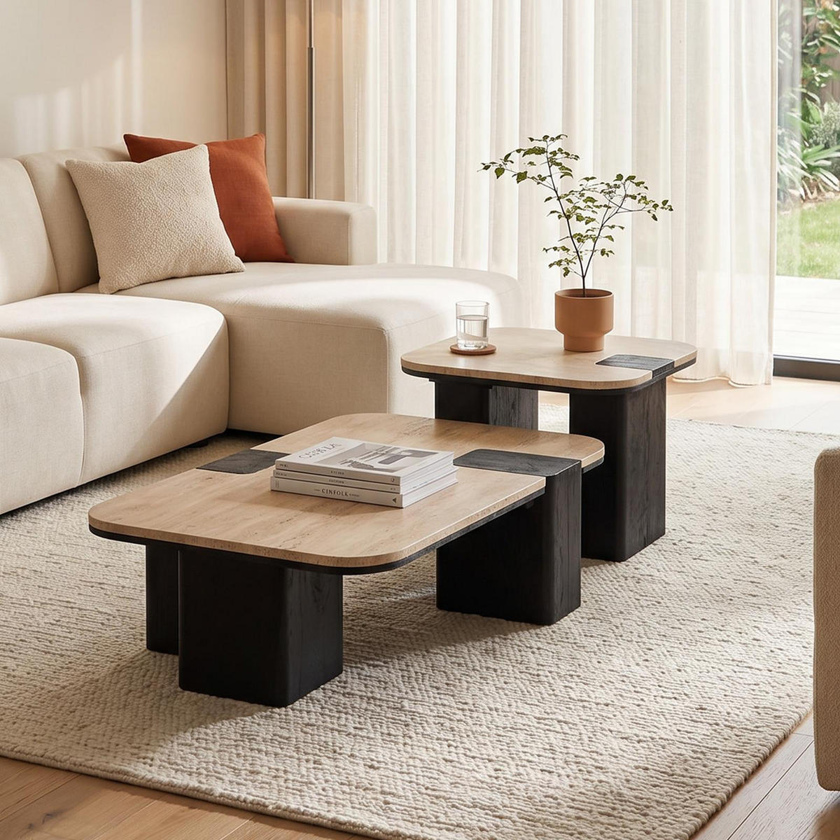 COUCHTISCHSET SURAT/DELHI 2er Set beige/schwarz - Beige/Schwarz, Naturmaterialien/Holz (60/100/27cm) - IDIMEX