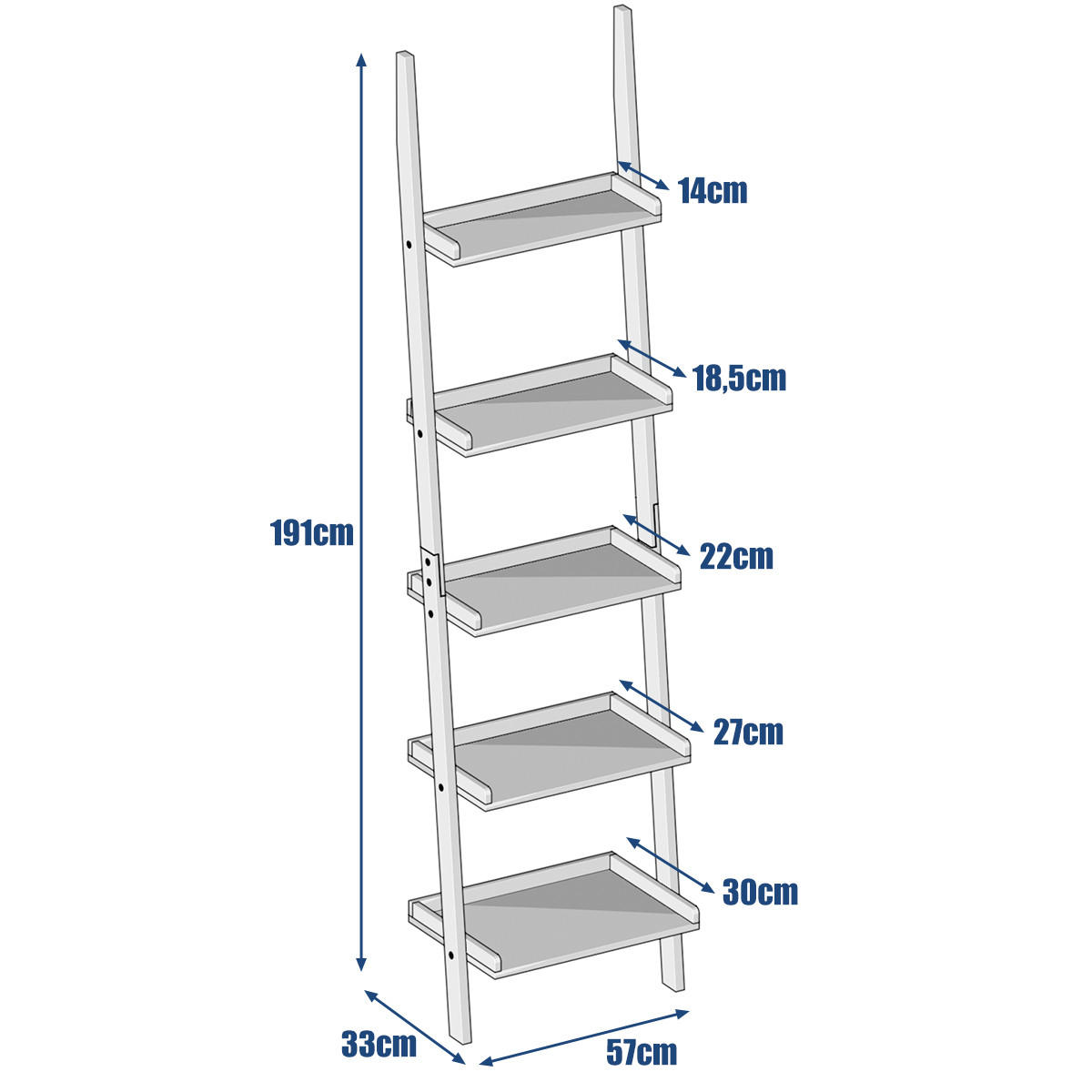 LEITERREGAL mit 5 Boeden Weiß - Weiß, Holz (33/189/56cm) - COSTWAY
