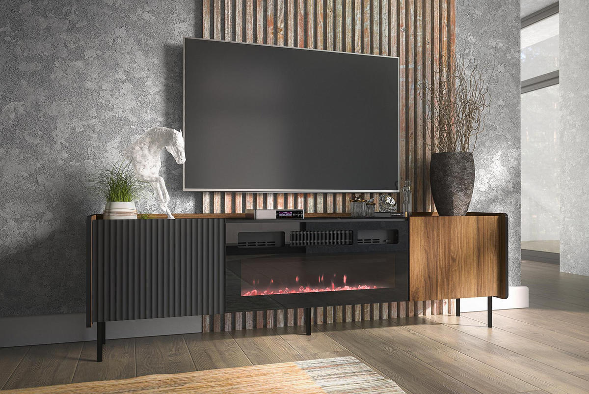 RTV-SCHRANK Prestigo Schwarz, Warmia Walnuss, Zweitüriger TV-Tisch - Walnussfarben/Schwarz, Holzwerkstoff (150/47/40cm) - Bettso