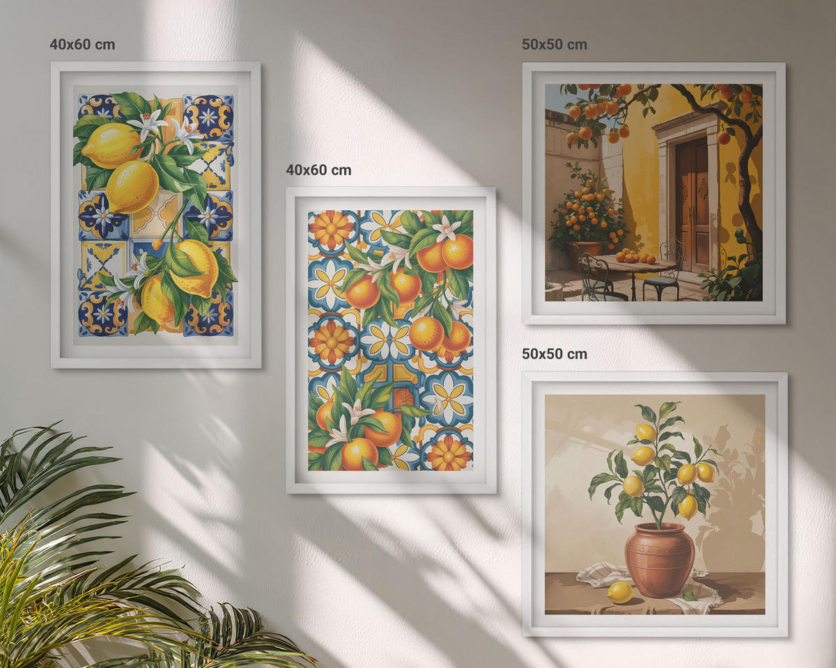 WANDBILDER 4er-Set - 50x50 cm & 40x60 cm Weißer Rahmen - Zitronenorange Blütenmuster - Weiß, Kunststoff (50/50cm) - ArtPrintCave