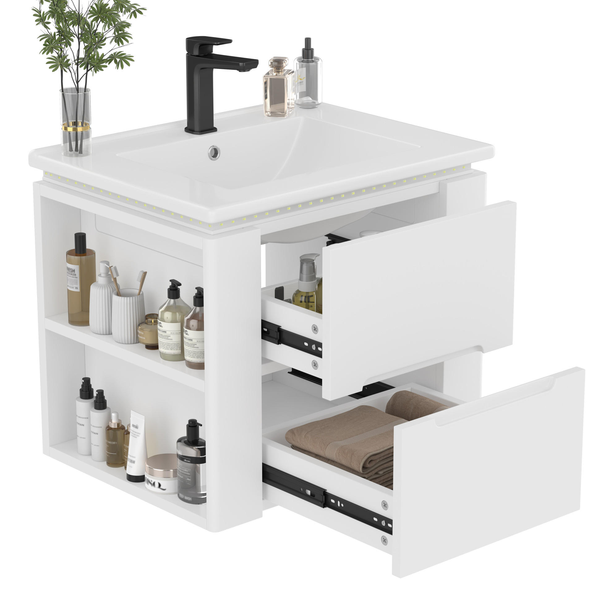 Modfu ZÁVĚSNÁ koupelnová skříňka z MDF a keramiky 60x46x48,5 cm bílá s LED senzorovým osvětlením a 2 zásuvkami