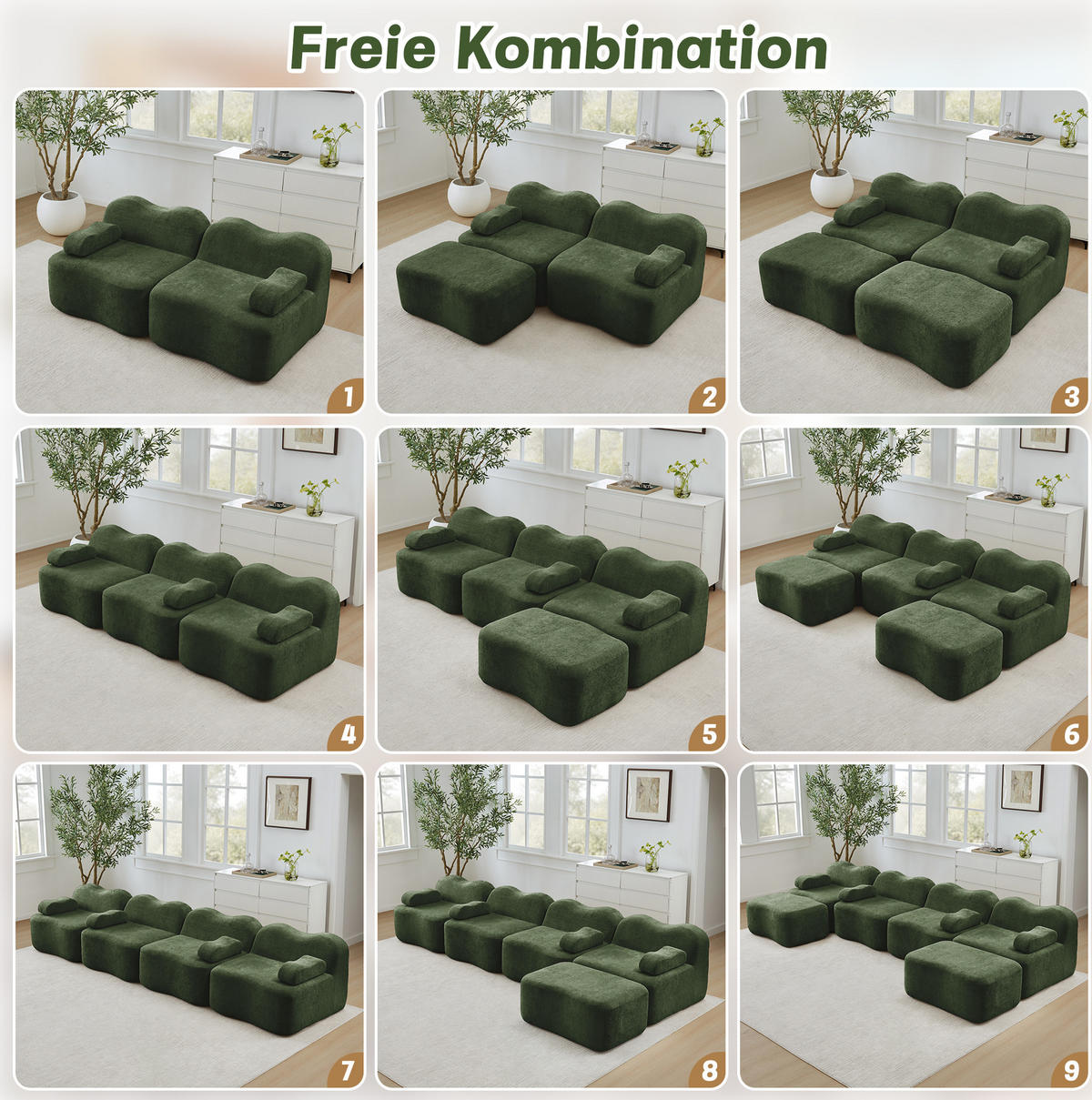 SOFA 192/98/70 cm in Grün aus Samt, modular und ohne Aufbau - Grün, Textil (98/70/192cm) - Flora Grace